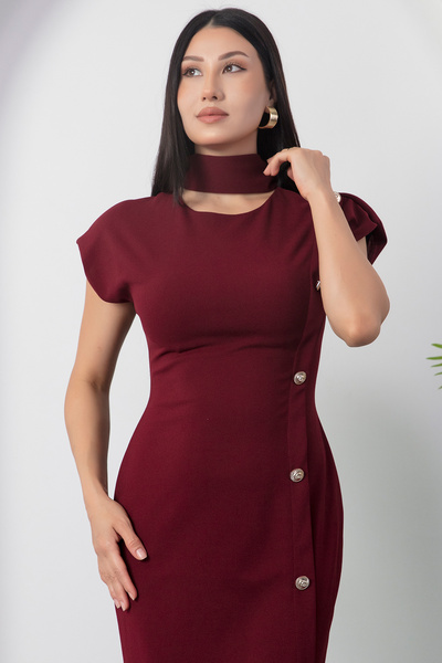 PULLIMM Crew Neck Shoulder Padded Buttoned Dress Ny3012