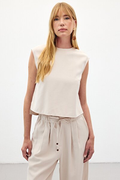 Sateen Kolsuz Salaş Bluz - Taş