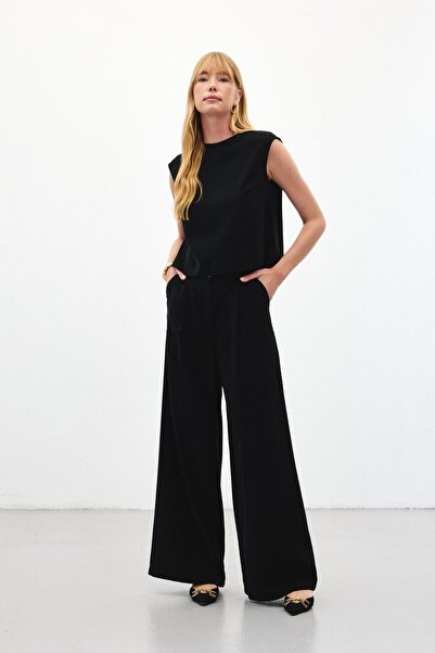 Sateen Wide Leg Trousers - Black