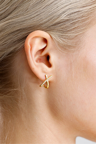 Ventino Silver 18K Altın Kaplama Taşlı Çapraz Tasarım 925 Ayar Gümüş Kadın Kü...