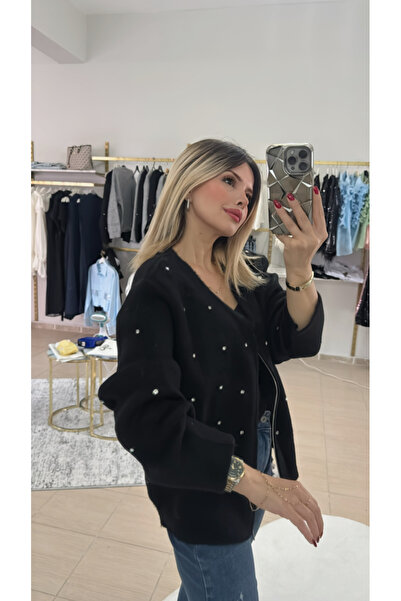 DENİZ Taş Detaylı Fermuarlı Hırka