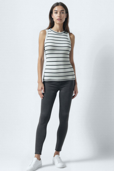 WESTMARK LONDON Black and White Striped Crew Neck Sleeveless Women's T-Shirt Poppy