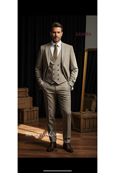 SAVARA Men's Beige Slimfit Dobby Pattern Vest Suit