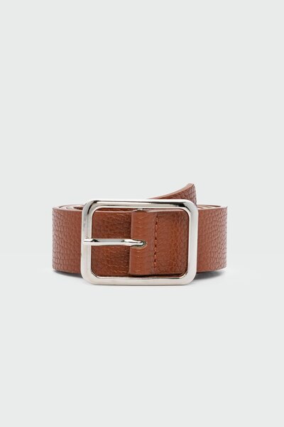 Shule Bags Rectangular Buckle Serrated Faux Leather Belt Tan