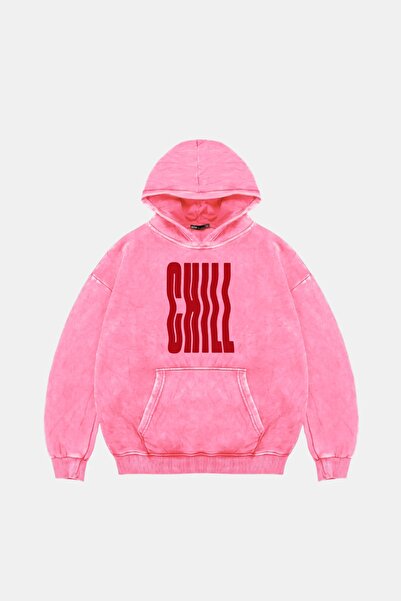 Bak Moda Ροζ φούτερ με κουκούλα Chill Printed Oversize Unisex που πλένεται
