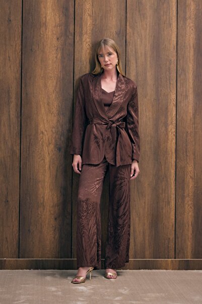 Sateen High Waist Patterned Trousers - Brown