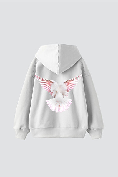 Bak Moda Λευκό φούτερ με κουκούλα με στάμπα Pigeon Wings Oversize Unisex