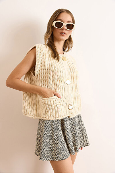 Olalook Women's Stone Big Gold Button Thick Knitwear Vest Ylk-19000087