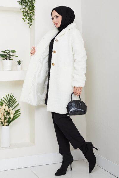 Hb Harma Time Butik Women's Fabric Lined Buttoned White Coat with Pockets