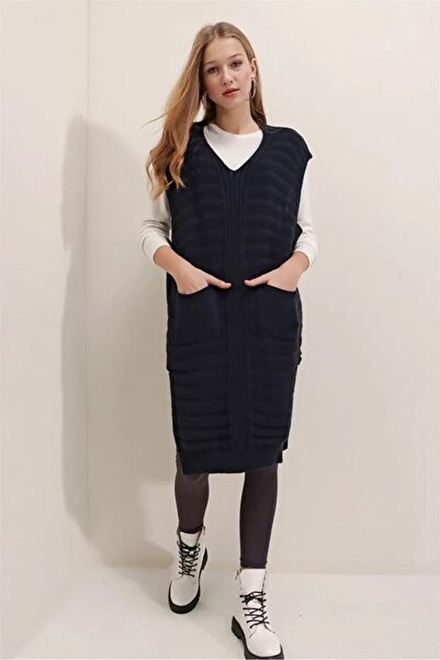 AQE FASHION Γυναικείο πανσό με λεπτομέρεια με ρίγες σε σχήμα V, αμάνικο, με σχισμή, μαλακή υφή, μπλε ναυτικό