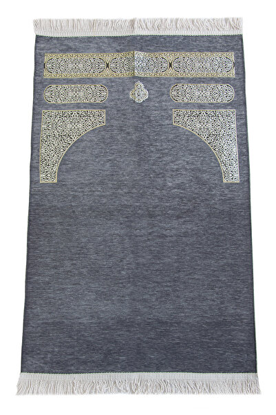 ihvan online Kaba Patterned Knitted Tasseled Chenille Prayer Rug Gray