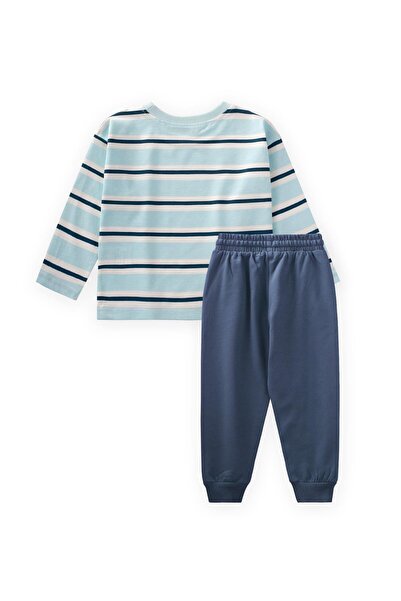 Cigit Striped Long Sleeve T-Shirt Set 2-12 Years Old Turquoise Navy Blue Striped