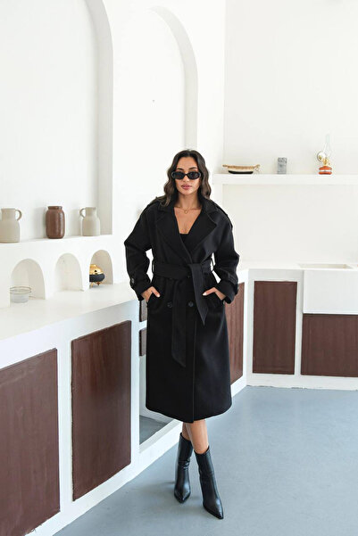 XXL BUTİK Women's Belted Epaulette Detailed Lined Cashmere Coat X-Nbmylk34