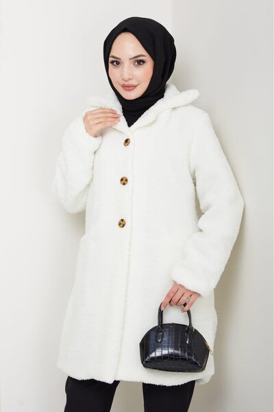 Hb Harma Time Butik Women's Fabric Lined Buttoned White Coat with Pockets