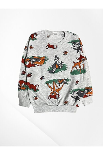 Pajama Shop Girl's Cotton Fabric Gray Deer Rabbit Pattern Long Sleeve Winter Pajamas Set