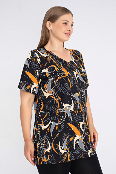 İntensive Black Patterned Short Sleeve Cotton Women's Plus Size T-Shirt