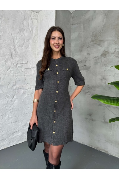 Elif Özbey Butik Anthracite Short Sleeve Gold Buttoned Knit Dress