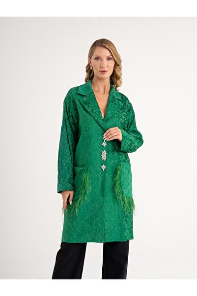 SERPİL Dokulu Taş Düğmeli, Tüylü Cep Detaylı, Şık ve Modern Tasarım Kap 37349