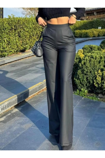 Kokosh moda Women's High Waist Pocketed Ribbed Wide Leg Matte Leather Pants