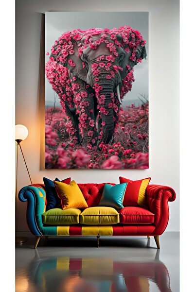 özkacar Pictură pe pânză cu elefant cu flori roz, pentru acasă, perete, salon...