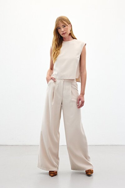 Sateen Wide Leg Pants - Stone