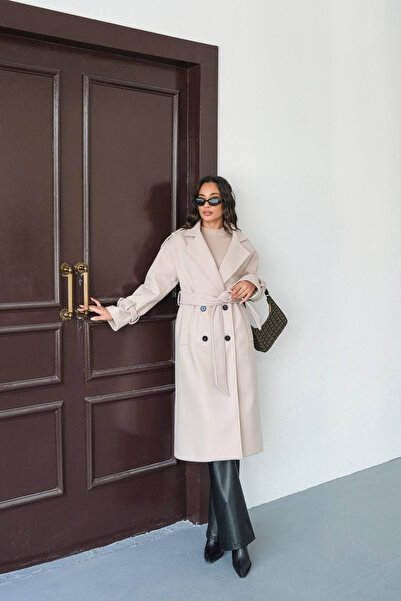 XXL BUTİK Women's Belted Epaulette Detailed Lined Cashmere Coat X-Nbmylk34