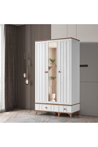 beenal Sıla 3 Kapaklı Gardırop Çekmeceli Dolap 115cm. Beyaz-A.Çam