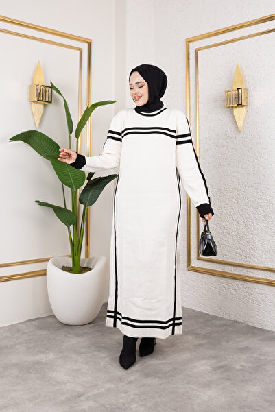 Eliva Women's White Black Striped 2-Striped Skirted Long Sleeve Knitwear Winter Hijab Dress