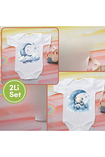 soft wing طقم ملابس للأطفال الأولاد مكون من قطعتين باللون الأزرق مع القمر وال...