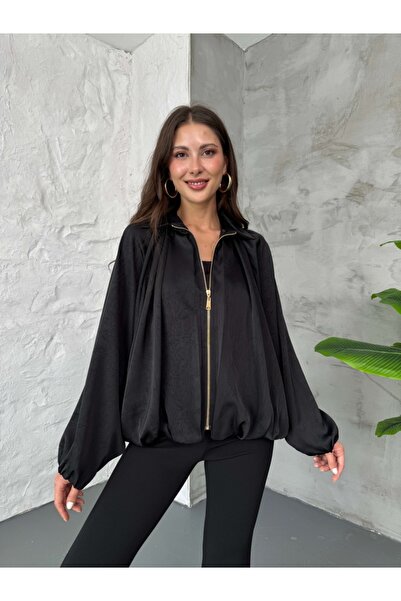 Elif Özbey Butik Black Front Zipper Bomber Satin Jacket