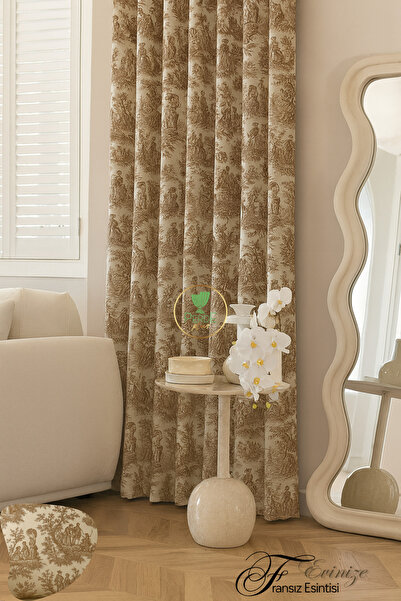 Perdeplus French-Inspired Toile Patterned Linen Background Curtain – Single Panel