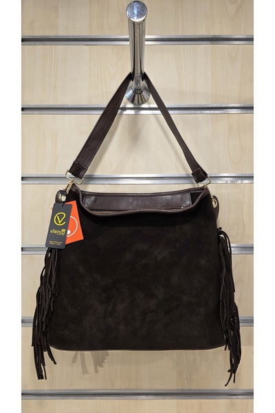 VİENCA Geantă de umăr pentru femei din piele de căprioară autentică cu ciucuri