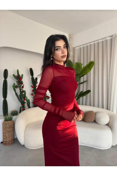 conconmoda Perlina İnci Boncuk Detay Gömlek Yaka Uzun Elbise