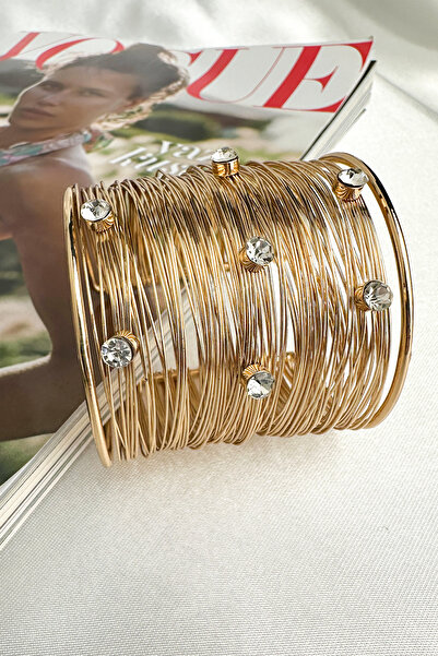 Modex Gold Color Stone Detailed Wire Wrap Bracelet (Inner Diameter: 6cm)