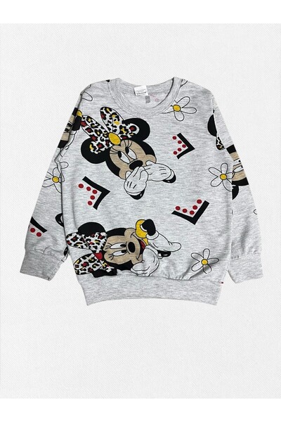 Pajama Shop Girl's Cotton Fabric Gray Mouse Daisy Patterned Long Sleeve Winter Pajama Set