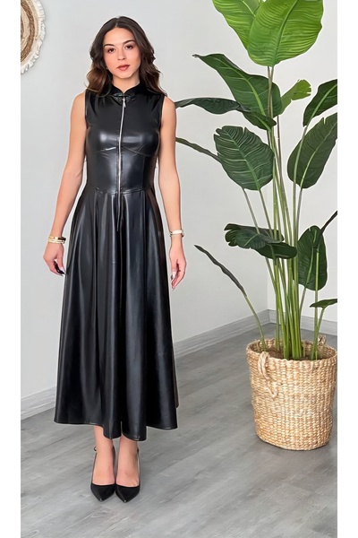 DİMA فستان هاكم ياكا من الجلد الصناعي بسحاب