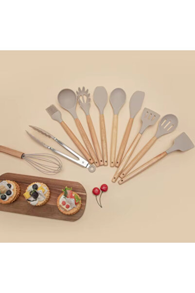 BKC HOME 13 Pieces Silicone Colander Scoop Beater Spoon Brush Spatula Tongs Serving Set Kitchenware with Bamboo Handle