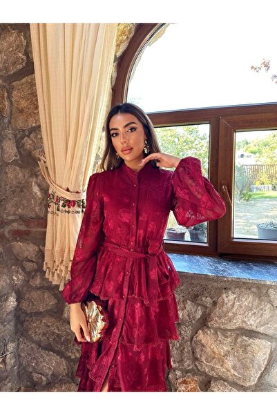 Afiş Butik Bordo Fisto Kuşaklı Volanlı Midi Elbise