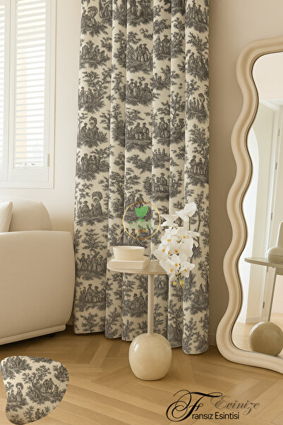 Perdeplus French-Inspired Toile Patterned Linen Background Curtain – Single Panel