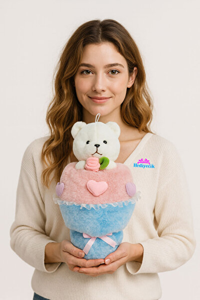 hediyecik باقة الحب باقة زهور قطيفة مع دمية دب 40 سم