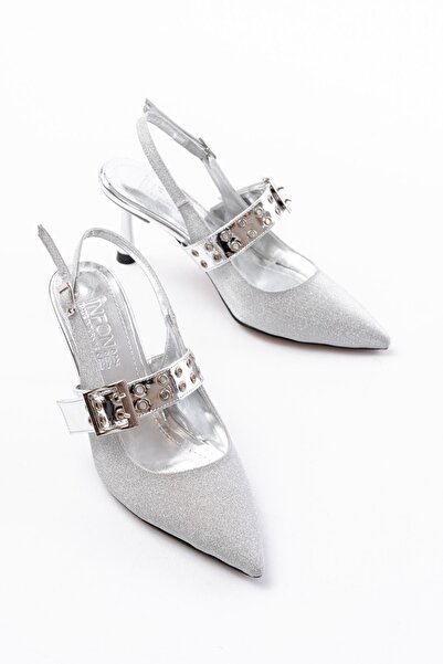 BY ELİZE Inf-260 Silver Glitter Daily Open Back Helmet Buckle Heeled Shoes