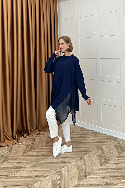 Stilife Chiffon Detailed Knitwear Tunic Navy Blue