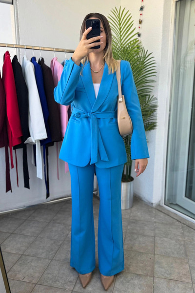 Kubos Moda Women's Belted Blazer Jacket Pants Bottom Top Two-Piece Blue Set