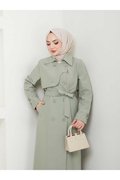 B.HE.Z Linen Degaje Collar Full Length Lined Belted Trench Jeans Mint Green