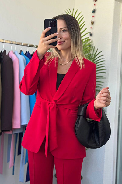 Kubos Moda Women's Belted Blazer Jacket Pants Bottom Top Two-Piece Red Suit