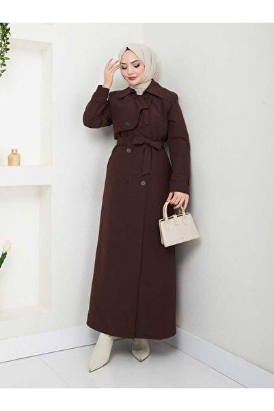 B.HE.Z Amazon Linen Degaje Collar Full Length Lined Belted Trench Jeans Dark Brown