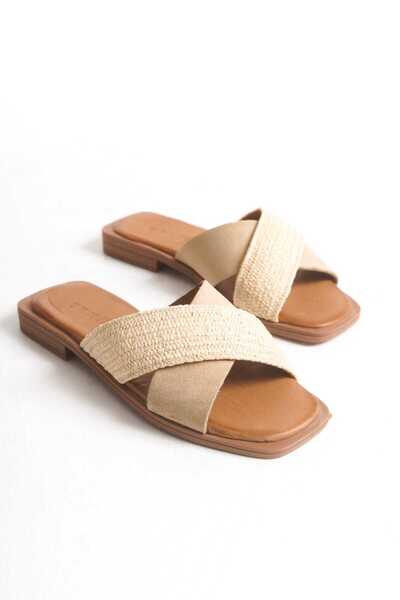 ERNİLA Dani̇ Genuine Leather and Linen Cross Women's Slippers