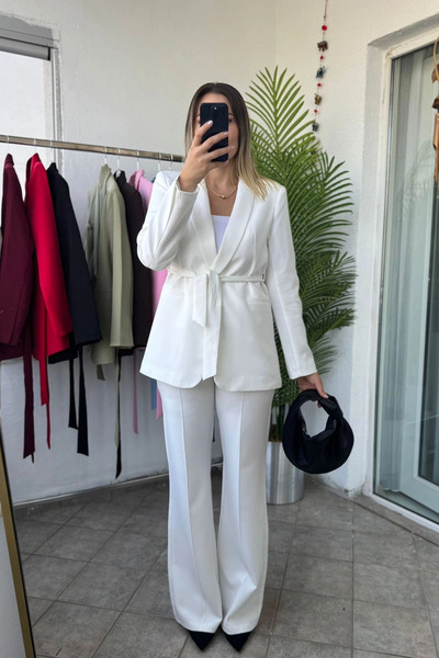 Kubos Moda Women's Belted Blazer Jacket Pants Top and Bottom Two-Piece Ecru Set