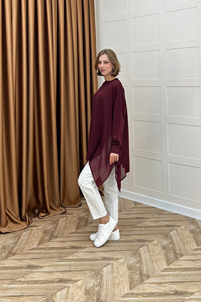 Stilife Huda Chiffon Λεπτομερές Πλεκτό Τούνικ Βουργουνδίας