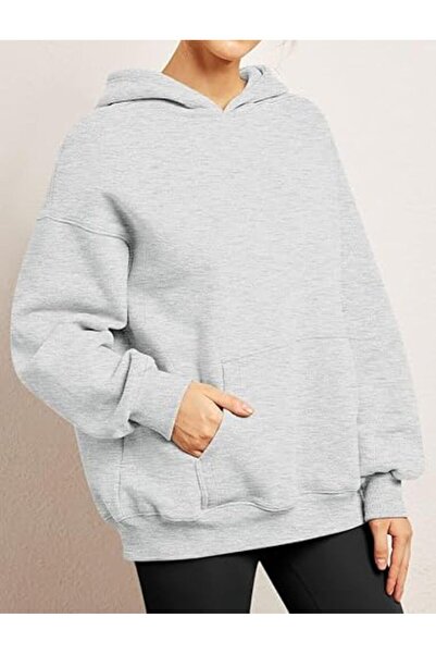 LADY HAZAL Μοντέλο με γκρι κουκούλα Oversize Plus Size Regular Fit UNISEX Φούτερ μεγάλου μεγέθους